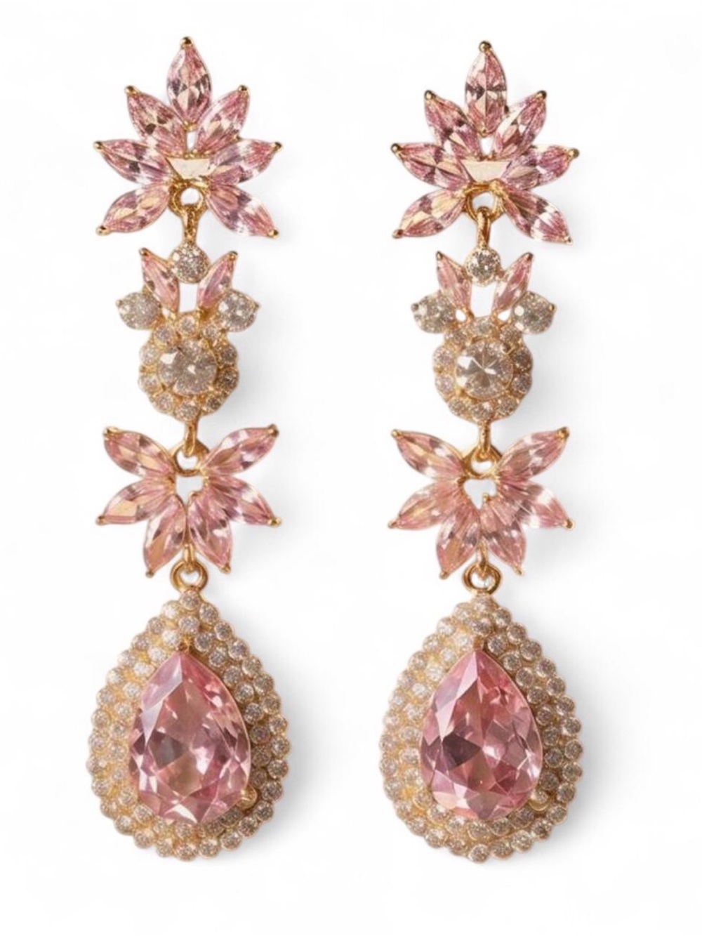 Pink CZ Floral Statement Earrings Gold Tone Teardrop Chandelier Earrings